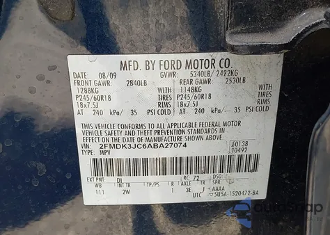 2010 Ford Edge Sel z USA, uszkodzony, nr VIN 2FMDK3JC6ABA27074